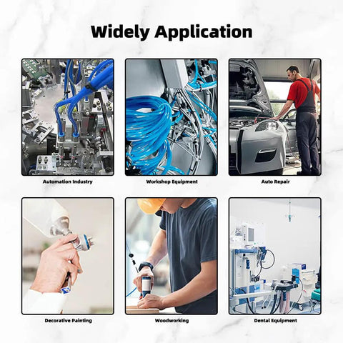 Collage showing applications of Blue Polyurethane Pneumatic Tubing Five Sixteenth Inch OD 8mm ID 5mm in various industries.