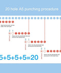 Illustration of 20 hole A5 punching procedure for Grab And Go 5 Hole Paper Puncher Mini Handheld Circle Punch Tool