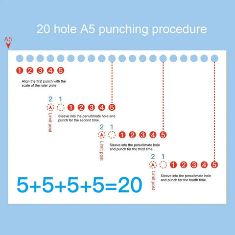 Illustration of 20 hole A5 punching procedure for Grab And Go 5 Hole Paper Puncher Mini Handheld Circle Punch Tool