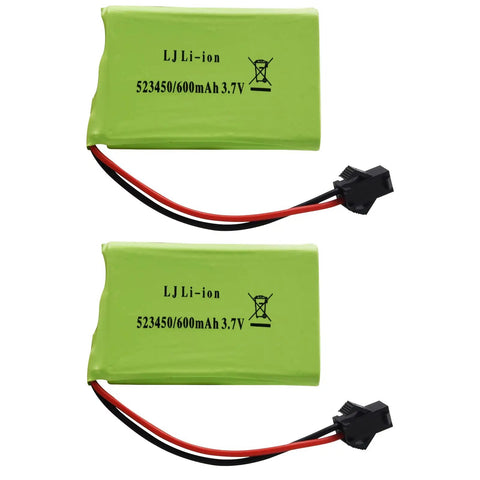 Two Pack 3.7V 600mAh Li-Ion Rechargeable Batteries With 2 USB Charger Cables For RC Dog Robot K9 Remote Control Toys, SM-2P Connector