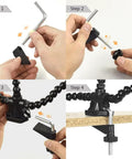 Assembly steps for Helping Hands Soldering Third Arm Tool with flexible arms and desk clamp base for precise soldering and repair.