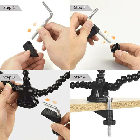 Assembly steps for Helping Hands Soldering Third Arm Tool with flexible arms and desk clamp base for precise soldering and repair.