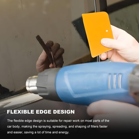 Pro Grade 6 Piece Body Filler Spreader Set With 4 Inch 5 Inch And 6 Inch Reusable Plastic Scrapers For Automotive Paint Repairs Caulks Putties And General Body Work Ideal For Smooth Even Applications On Various Surfaces. yellow plastic body filler spreader with flexible edge on car panel