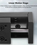 Built Legit 100 Mm Stroke Slide Table Single Rail Linear Stage Stepper Motor Driven X Y Z Axis Platform Heavy Duty Steel Chassis for DIY CNC Router Mill Smooth Glide Action close-up of linear motion stage with threaded rod and sturdy frame