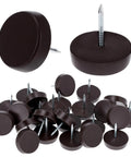 Brown Three Quarters Inch Nail On Furniture Glides 25 Pcs Chair Leg Floor Protectors for Wooden Furniture shown in package and detail view.
