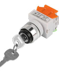 Two Position Key Operated Rotary Switch 22mm Panel Mount 220V 5A NO NC Design With Flame Retardant Housing And Superior Insulation For Industrial Equipment And Safe Reliable Power Control, front view with keys