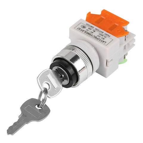 Two Position Key Operated Rotary Switch 22mm Panel Mount 220V 5A NO NC Design With Flame Retardant Housing And Superior Insulation For Industrial Equipment And Safe Reliable Power Control, front view with keys