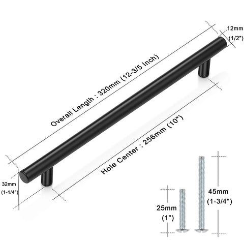 10 Pack 256mm Center To Center Black Bar Cabinet Pulls Modern T Bar Handles, hollow stainless steel, 12mm dia, 32mm projection, 12 inch length