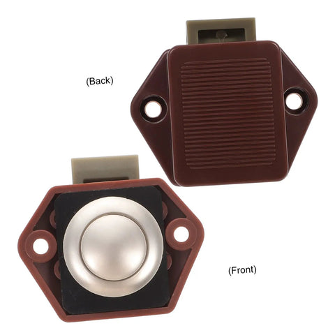 Keyless Push Button Door Latch Lock For Rv Cabinets And Drawers Low Profile Build Heavy Duty Zinc Alloy Hardware, showing front and back views.