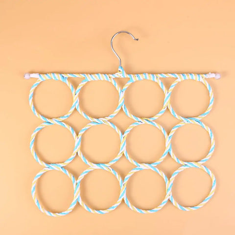 Paper Rattan Scarf Hanger With 12 Foldable Rings For Wardrobe And Closet Organization Keep Your Fits Tight With This Dope Hijab Holder And Tie Rack Zero Clutter Vibes Guaranteed, featuring twelve colorful rings on a hook.