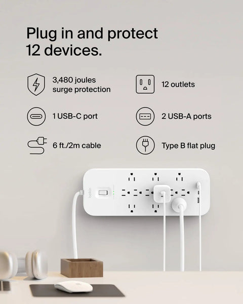 12 Outlet Surge Protector Power Strip with 12 AC Outlets, 2 USB A Ports and 1 USB C Port, UL Listed, mounted on desk