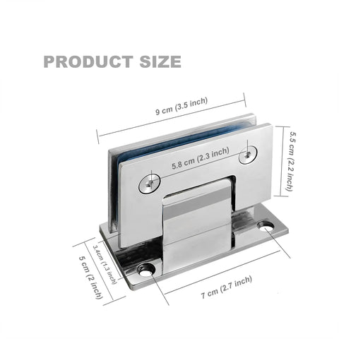 Beefy Frameless Glass Shower Door Hinges Set, Heavy Duty 304 Stainless Steel, Mirror Polished Finish with size dimensions