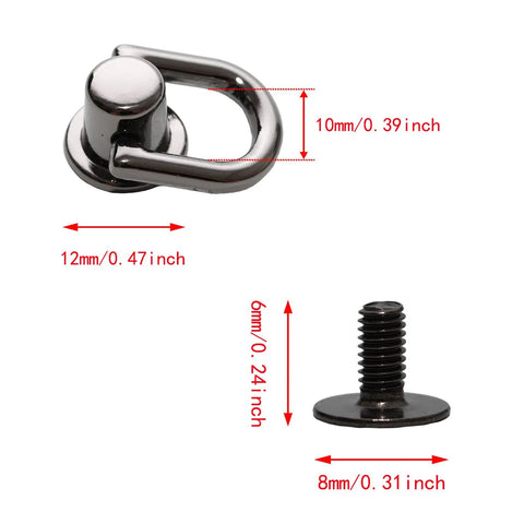 Hella Sturdy Gun Black D Ring Purse Hardware Kit Featuring Premium Zinc Alloy Ball Post Stud Screws, 12mm D ring.