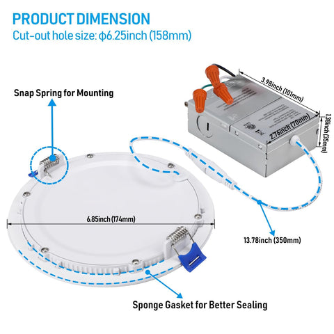 Sixteen Pack Ultra Thin LED Recessed Lighting 6 Inch with junction box diagram showing dimensions and installation features