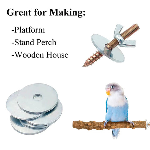 Premium Badass 12 Set Bird Cage Screw Kit With Rock Solid Wing Nuts And Washers For Mounting Perch Stands Feeders And Playgrounds Top Shelf Galvanized Carbon Steel Hardware with a screw, washers, and a budgie.