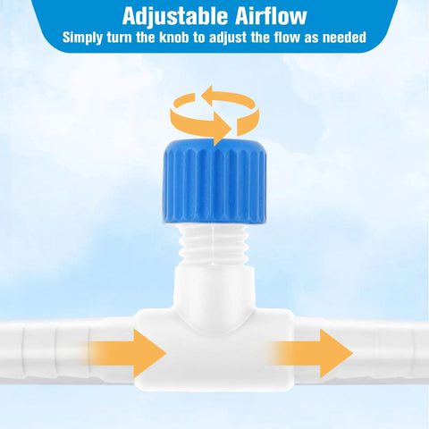Pro Grade T Shaped Aquarium Air Valve Set 10 Pcs For Three Sixteenths Inch Inner Diameter Airline Tubing showing adjustable airflow