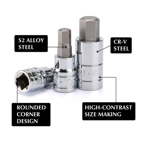 Master Hex Bit Socket Set With Quarter, Three Eighth, And Half Inch Drives For SAE And Metric Allen Bits in S2 and CR-V Steel
