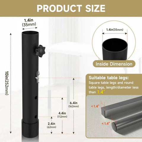 Adjustable Folding Table Leg Risers Four Pack Metal Height Extenders For Straight And Bent Legs dimensions for installation.