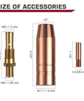 Rugged MIG Welder Accessory Kit for Lincoln Magnum 100L featuring copper tips, nozzles, and diffusers with dimensions.