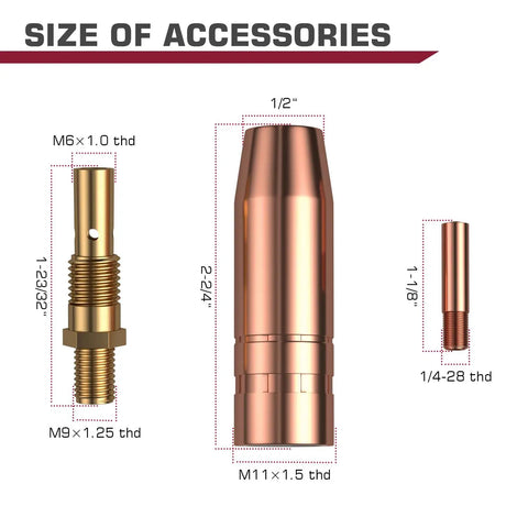 Rugged MIG Welder Accessory Kit for Lincoln Magnum 100L featuring copper tips, nozzles, and diffusers with dimensions.
