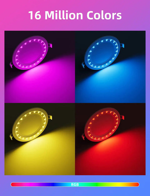 Smart Recessed Lighting 6 Inch LED Downlight 14W 1400LM RGBWW With WiFi And Bluetooth displaying various colors