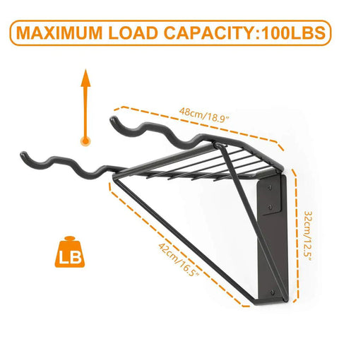 Two Bike Wall Mount Rack With Foldable Horizontal Hangers For Garage Storage, dimensions and maximum load capacity shown