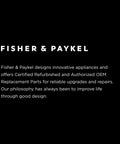 Fisher & Paykel logo design showcasing innovative appliances and reliable OEM replacement parts on a dark background.