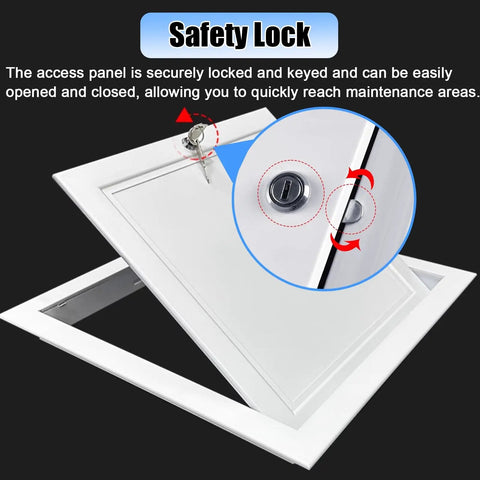 Heavy Duty Aluminum Attic Access Hatch Panel With Solid Lock And Key showing safety lock mechanism for secure access.
