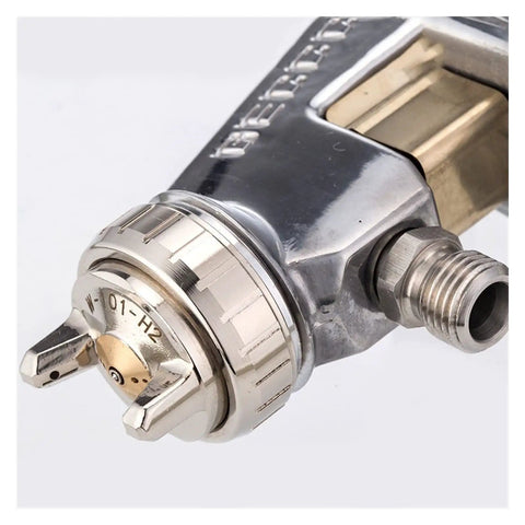 Close-up of Pro Grade Stainless Steel Pressure Feed Sand Blaster And Paint Spray Gun With Precision Fine Tuning Control nozzle and body.