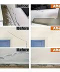 Before and after images showing Hydrophobic Wall Putty For Quick Crack Repair And Easy Go To Application results on drywall cracks.