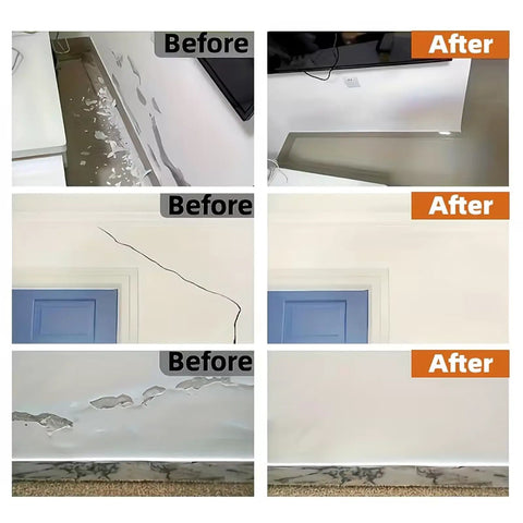 Before and after images showing Hydrophobic Wall Putty For Quick Crack Repair And Easy Go To Application results on drywall cracks.