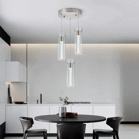 Brushed Nickel Crystal Pendant Light With Adjustable Rod, Modern LED Fixture for kitchen island, 8W 6000K warm white, in dining room.