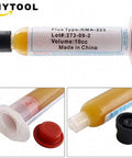 Close-up of Solder Paste 10cc Flux Grease RMA223 tube showing nozzle and cap for PCB repair.