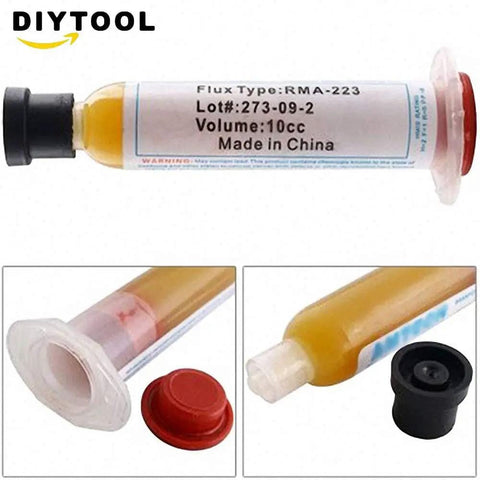 Close-up of Solder Paste 10cc Flux Grease RMA223 tube showing nozzle and cap for PCB repair.