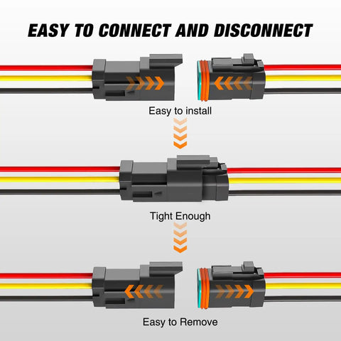 3 Pin DT Electrical Connector Kit 16AWG Waterproof with close-up connections for easy install and removal, 6 pairs for vehicles.