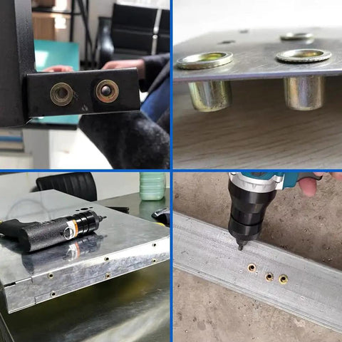 M12 Carbon Steel Rivet Nuts Flat Head Threaded Inserts Heavy Duty Assort Kit installed in metal surface with drill.