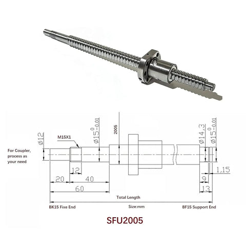 20Mm SFU2005 Anti Backlash Ballscrew Kit with RM2005 500Mm Length, 5Mm Pitch, metal nut, BK BF15 supports, diagram view