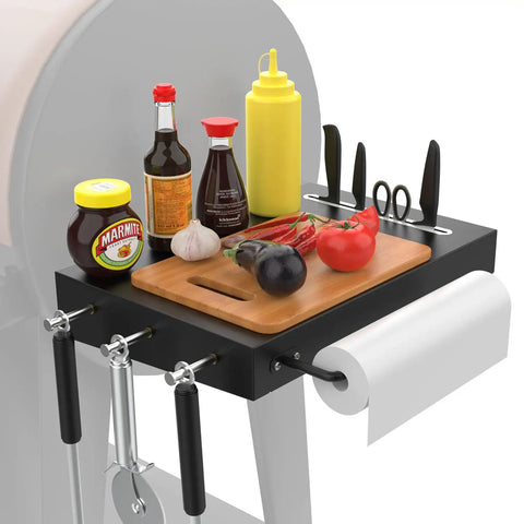 Grill Side Shelf Caddy For Pit Boss 700 And 820 Pellet Grills Easy Access Serving Tray With Paper Towels Holder And 3 Hooks Durable Mounting Shelf For Pit Boss Accessories Your Go To Pellet Grill Upgrade with condiments and utensils