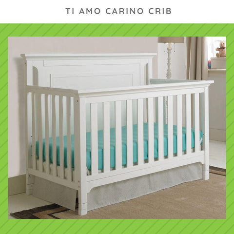 Ti Amo Carino Crib in a nursery, convertible to full-size bed with Full Size Bed Rail Conversion Kit For Ti Amo Convertible Cribs.