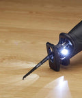 Cordless Reciprocating Saw Kit With Brushless 20V PWR CORE 20 Battery showing blade and LED light on wooden surface