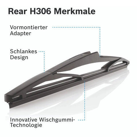 Rear Wiper Blade H306 12 Inch OE Replacement For All Weather Performance With No Fuss Easy Clip Install And Quiet Smooth Wipe 3397011432 Compatible Pack Of 1 shown with adapter and sleek design.