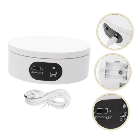 Rotatable Jewelry Display Stand With Electric Motorized Turntable Skid Base top view with USB cable and controls for direction.