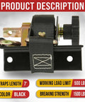 Close-up of black retractable ratchet strap, part of One And A Half Inch Ladder Rack Ratchet Straps With J Hooks, 7 Foot Length, 500 lb