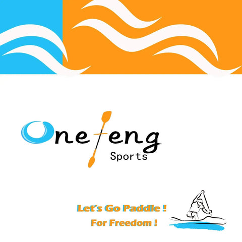 Oneteng Sports logo with blue and orange waves and kayaking illustration.
