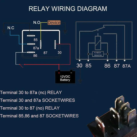 Wiring diagram for 12V 30A 5 Pin SPST Automotive Relay With Harness Kit Two Pack Manual Relay Replacement.