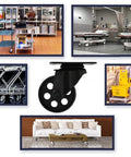 Four 3-inch all-black metal swivel plate caster wheels, heavy-duty steel, no brake, shown on hospital carts and furniture.