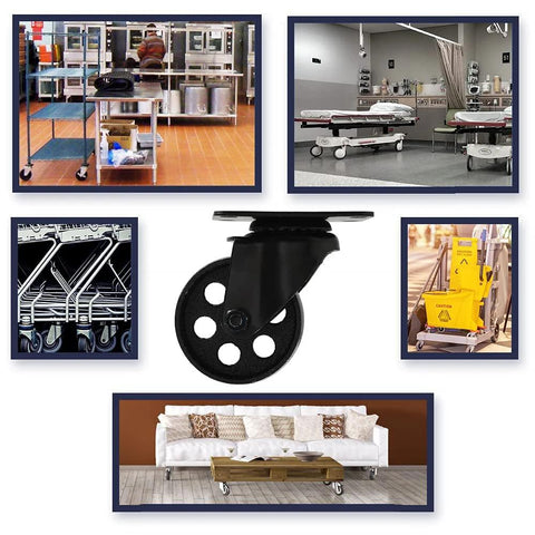 Four 3-inch all-black metal swivel plate caster wheels, heavy-duty steel, no brake, shown on hospital carts and furniture.