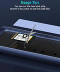 Total Beast USB4 To NVMe SSD Enclosure Support showing heat sink adjustment tips for 2230 SSD installation.
