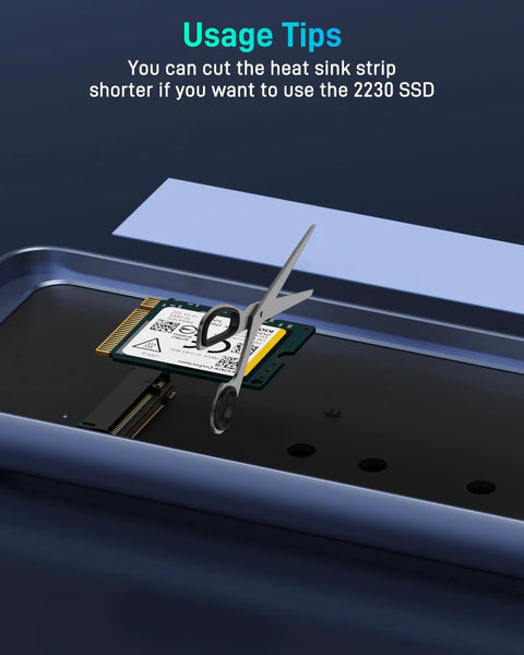 Total Beast USB4 To NVMe SSD Enclosure Support showing heat sink adjustment tips for 2230 SSD installation.