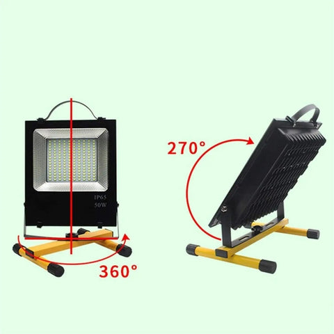 JUDYSSY Led Flood Light Emergency Portable Searchlight Mobile Portable Chargin, White Light,150w, showing adjustable angles.